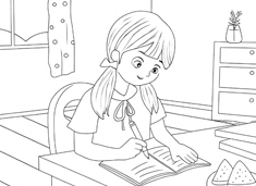 小朋友女生在認真寫作業的簡筆畫圖片